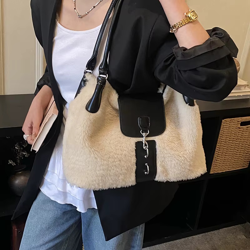 Sac à Main et Sac à Main de marque supérieure pour femmes, Sac à bandoulière en fausse fourrure de styliste, fourre-tout sous les bras en peluche moelleuse, Sac d'hiver