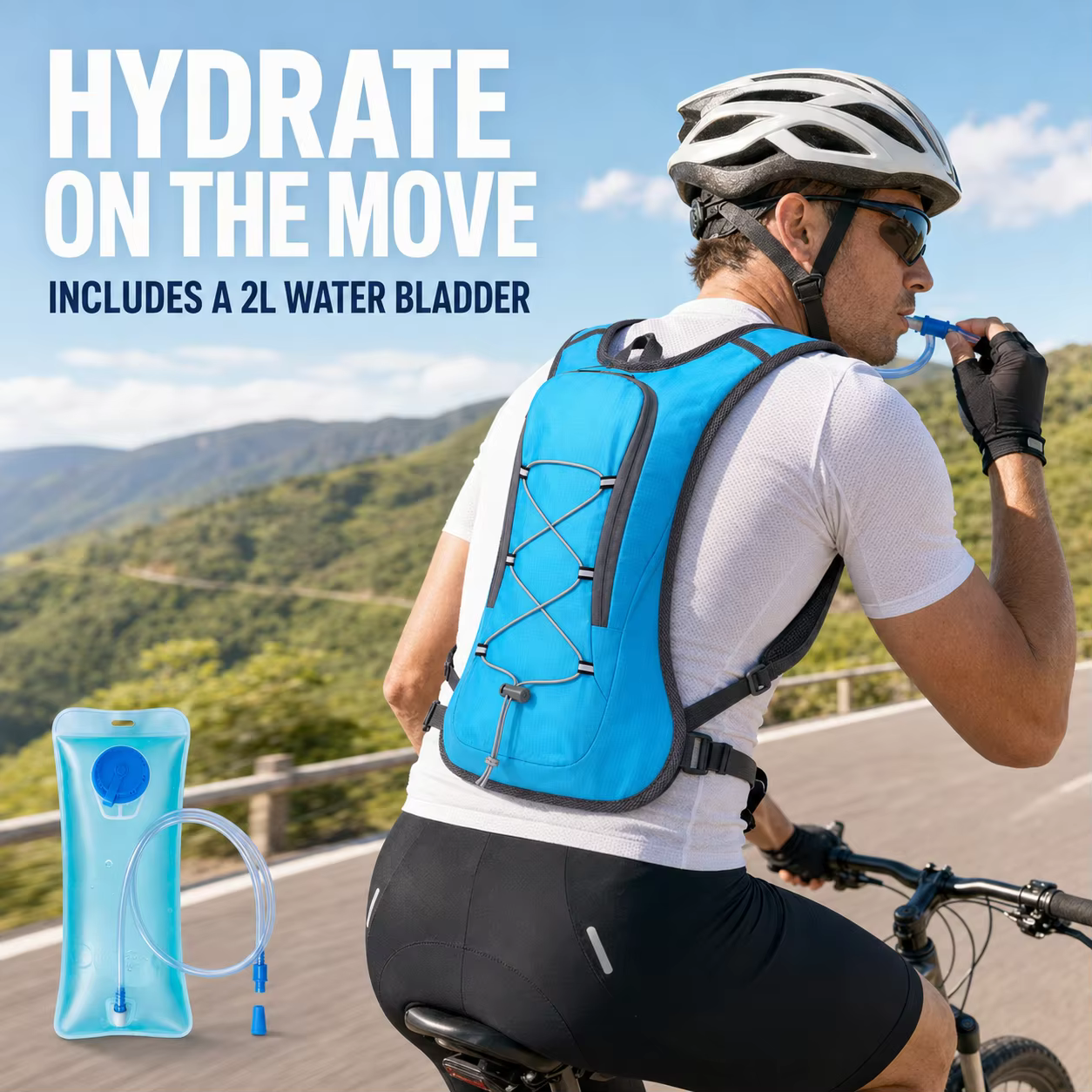 Sac à dos d'hydratation avec poche à eau de 2 L, sac de cyclisme léger en nylon réfléchissant pour la course à pied, la randonnée, le camping, les sports de plein air