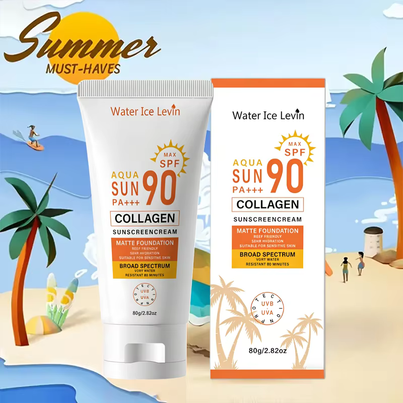 Crème solaire SPF 90+ PA+++ Large spectre. Résistant à l'eau 80 minutes. Protège contre les UVB et les UVA. Amical pour les récifs. Collagène. 80g.