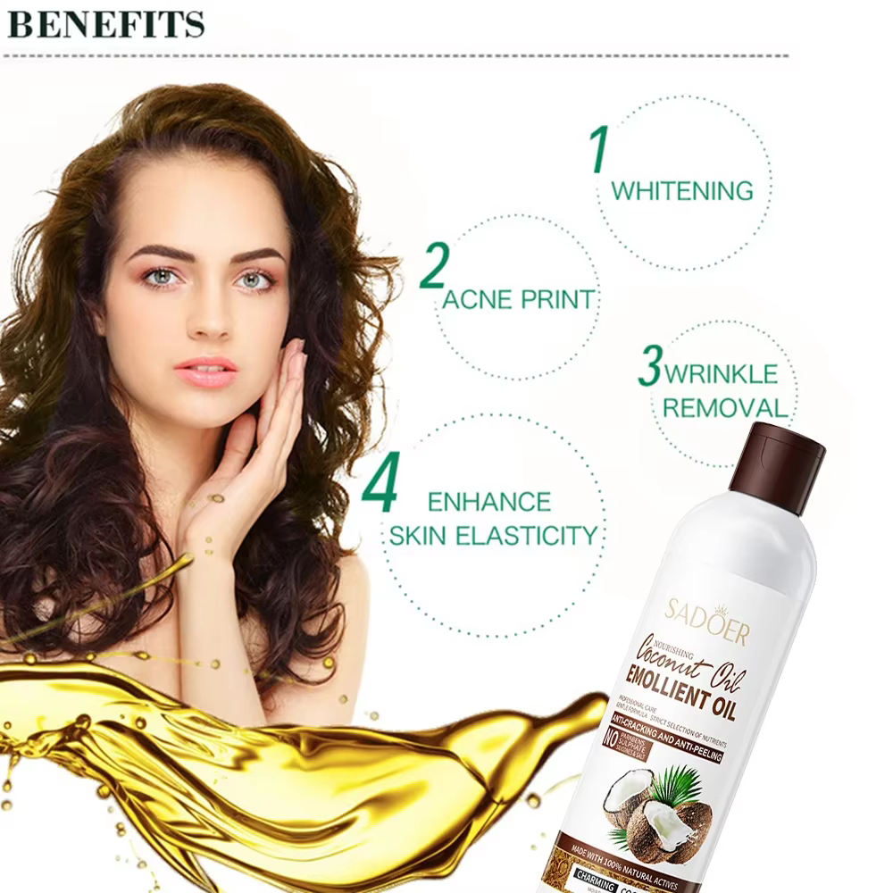 250ml noix de coco apaiser la peau sèche éclaircir les ridules huile de Massage du visage nourrir les cheveux élimine