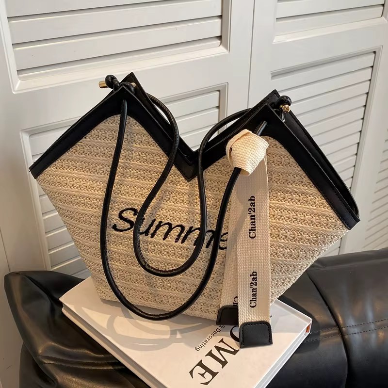 Sac fourre-tout tendance pour l'été - Nouvelle collection 2026, élégant sac en paille tressé à la main avec un grand espace de rangement pour femmes