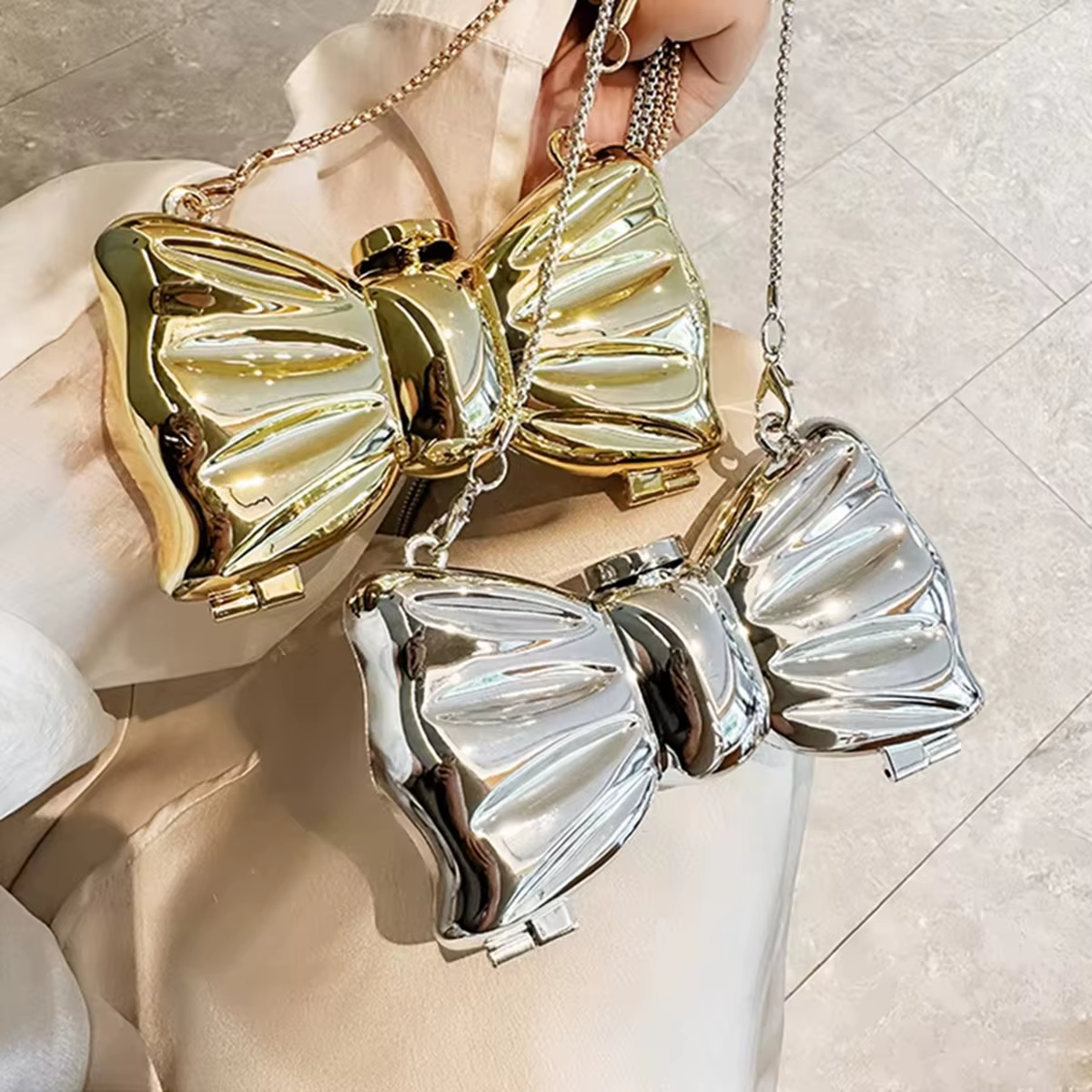 Mini sac de soirée à nœud papillon de luxe pour femmes et filles, sac à main à bandoulière avec chaîne, sac à main en métal pour fête de mariage