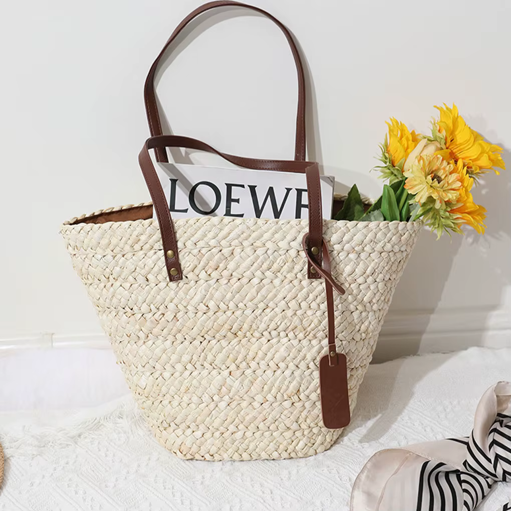 Sac à Main Confortable en Cuir Souple et Paille, Pratique, de Grande Capacité, Comme Montré