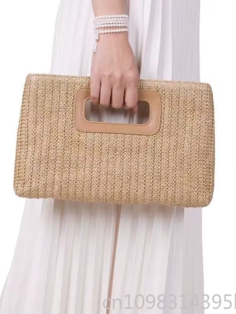 Sac à main pour femme en paille avec bandoulière chaîne et poignée supérieure, style bohème décontracté, pour l'été, la plage, les vacances et les voyages