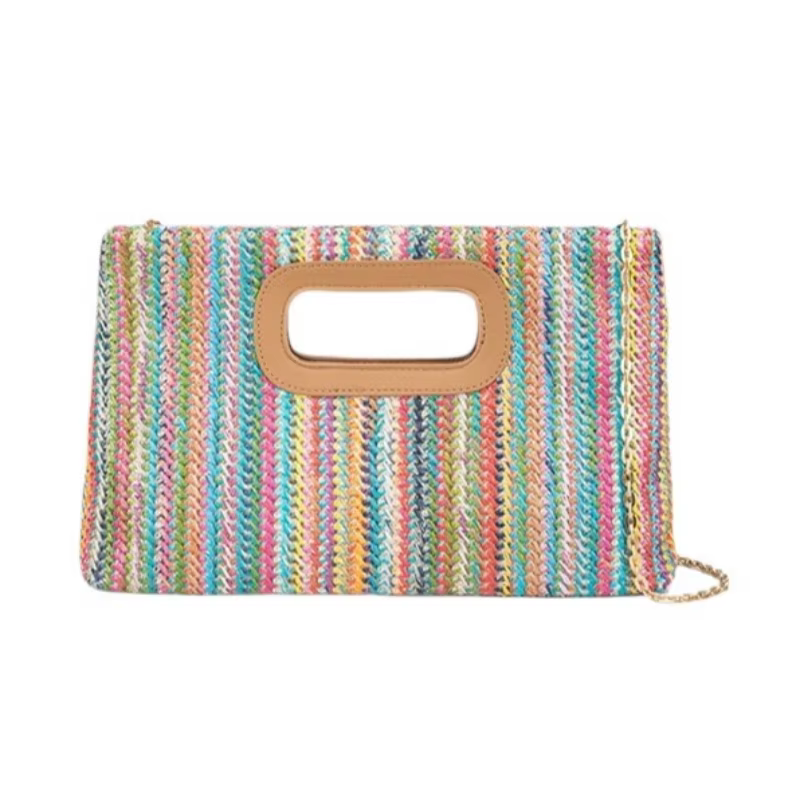 Sac à main pour femme en paille avec bandoulière chaîne et poignée supérieure, style bohème décontracté, pour l'été, la plage, les vacances et les voyages
