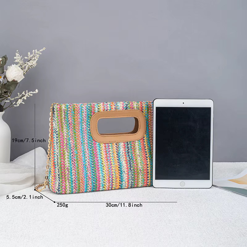 Sac à main pour femme en paille avec bandoulière chaîne et poignée supérieure, style bohème décontracté, pour l'été, la plage, les vacances et les voyages