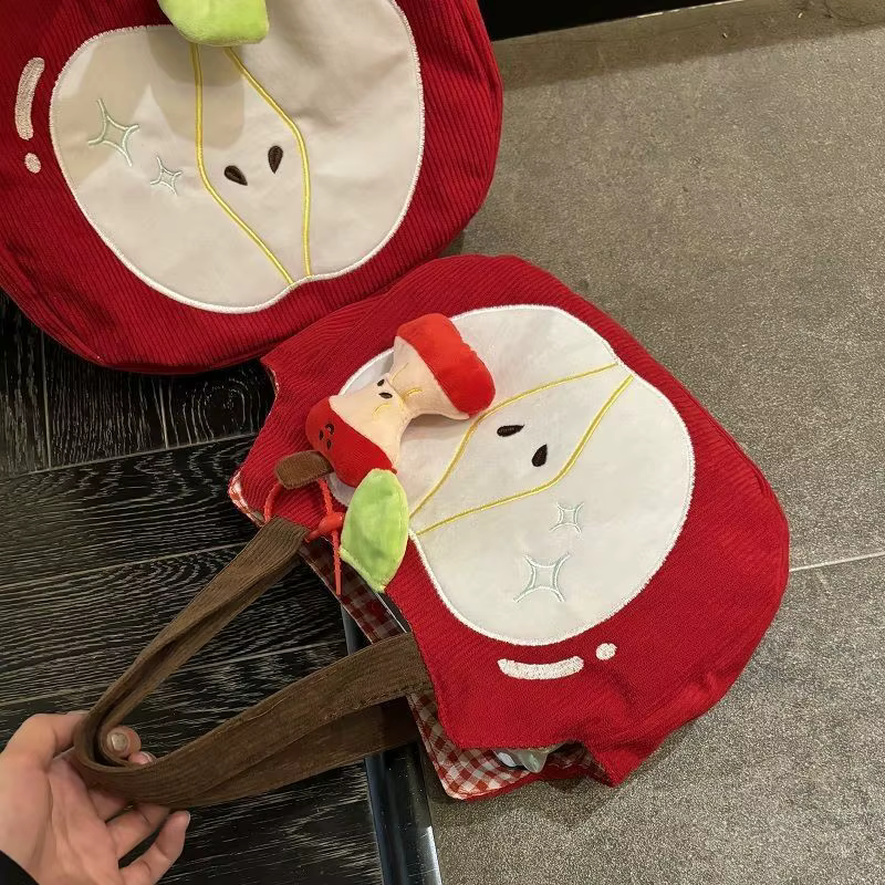 Sac à main pomme rouge créatif et mignon en velours côtelé, sac à bandoulière élégant en toile pour les sorties avec pendentif pomme, sac à bandoulière décontracté et polyvalent