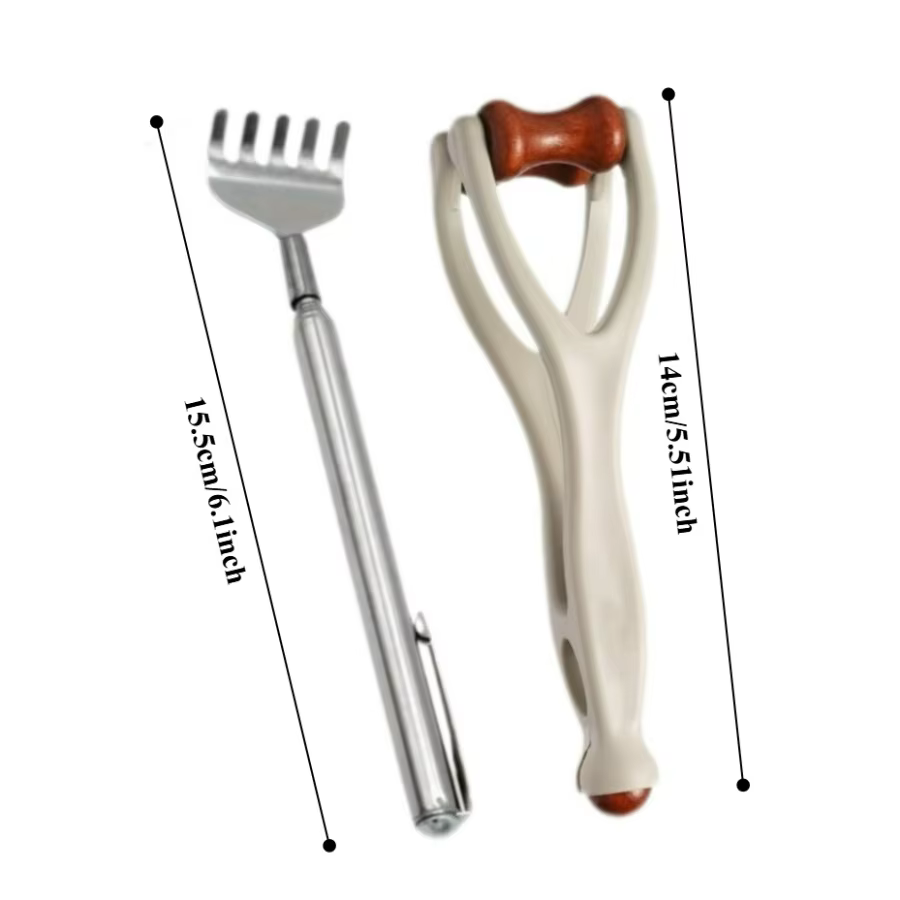 Ensemble gratte-dos et masseur de mains : Outil extensible pour le dos + rouleau à billes pour les doigts