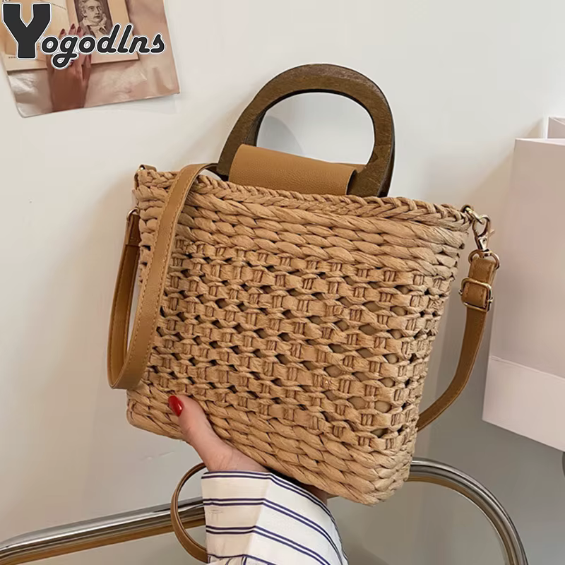Sac à main en rotin tissé pour femmes, panier en paille, poignée en bois initiée, sacs à bandoulière décontractés de styliste, sac de voyage d'été, sacs de plage féminins