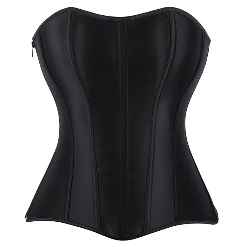 Corset Overbust Sexy pour Femme en Satin Noir avec Lacets et Fermeture Éclair, Corsetto Shaper Gothique, Bustier Amincissant