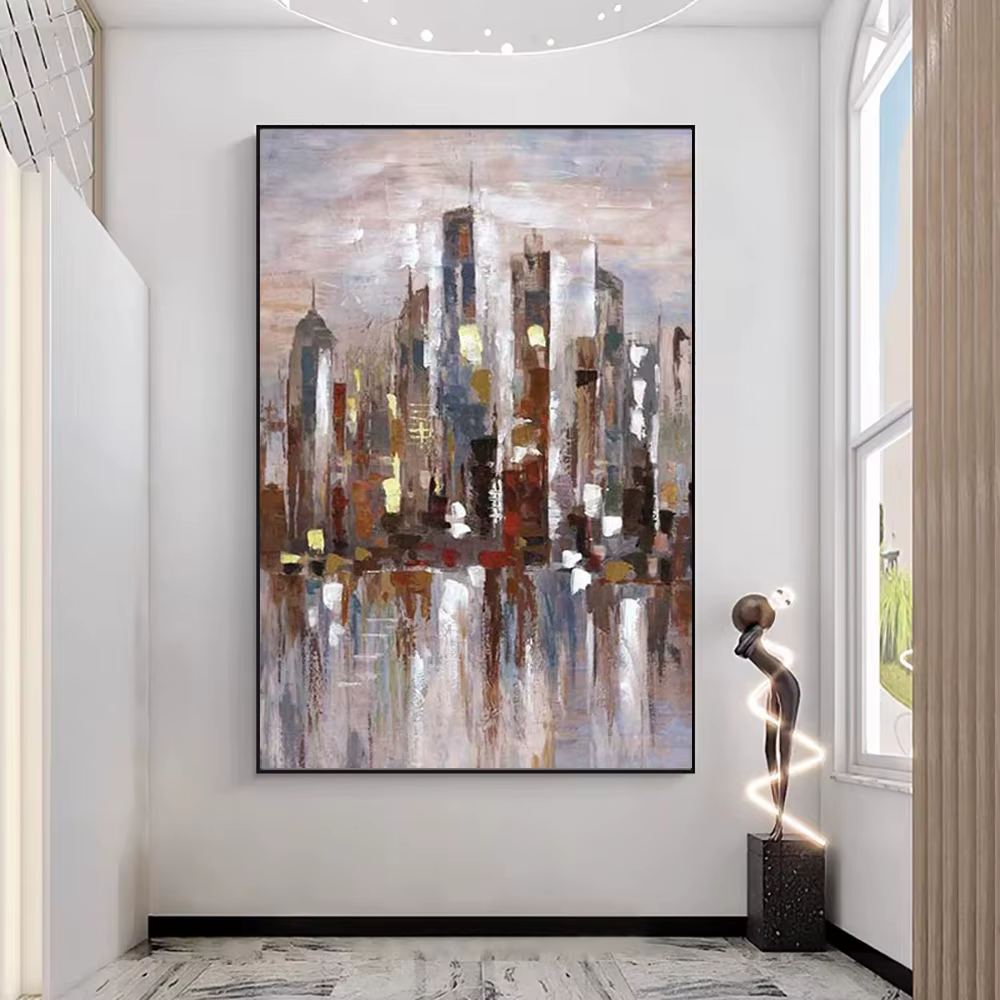 Peinture à l'huile abstraite de bâtiment sur toile, art mural peint à la main, peinture de paysage pour le décor de salon, peinture murale 3D de Bergame
