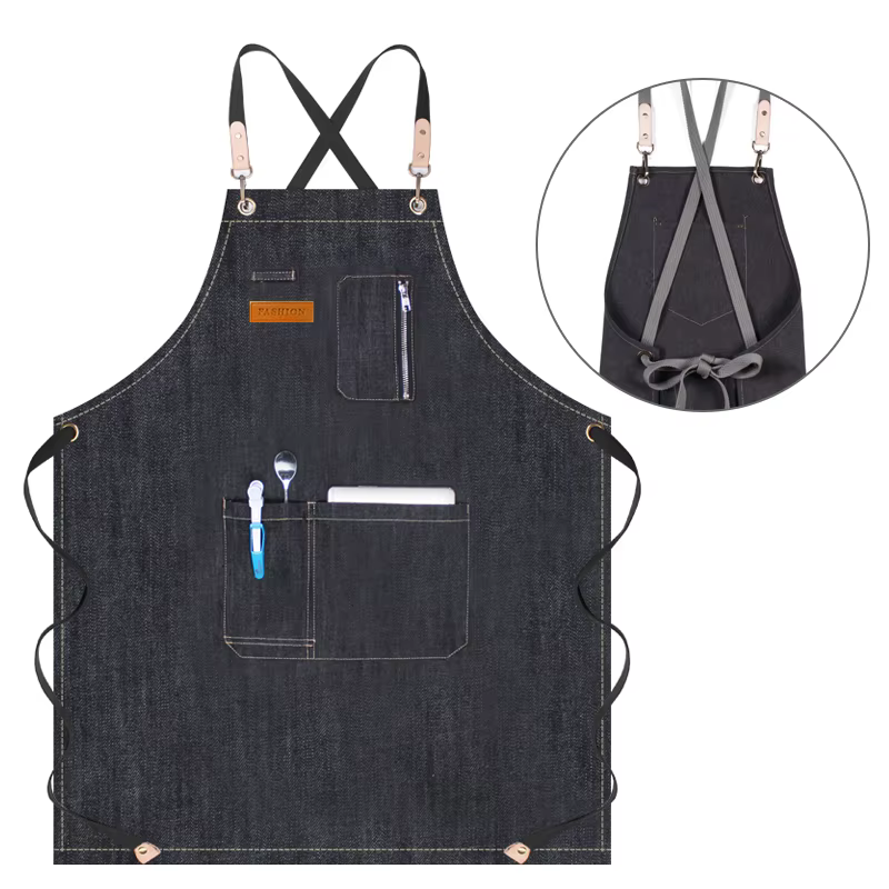 Tablier de chef en denim avec poche zippée, logo personnalisé, cuisine, restaurant, peinture, è, magasin de thé au lait, cou suspendu, travail