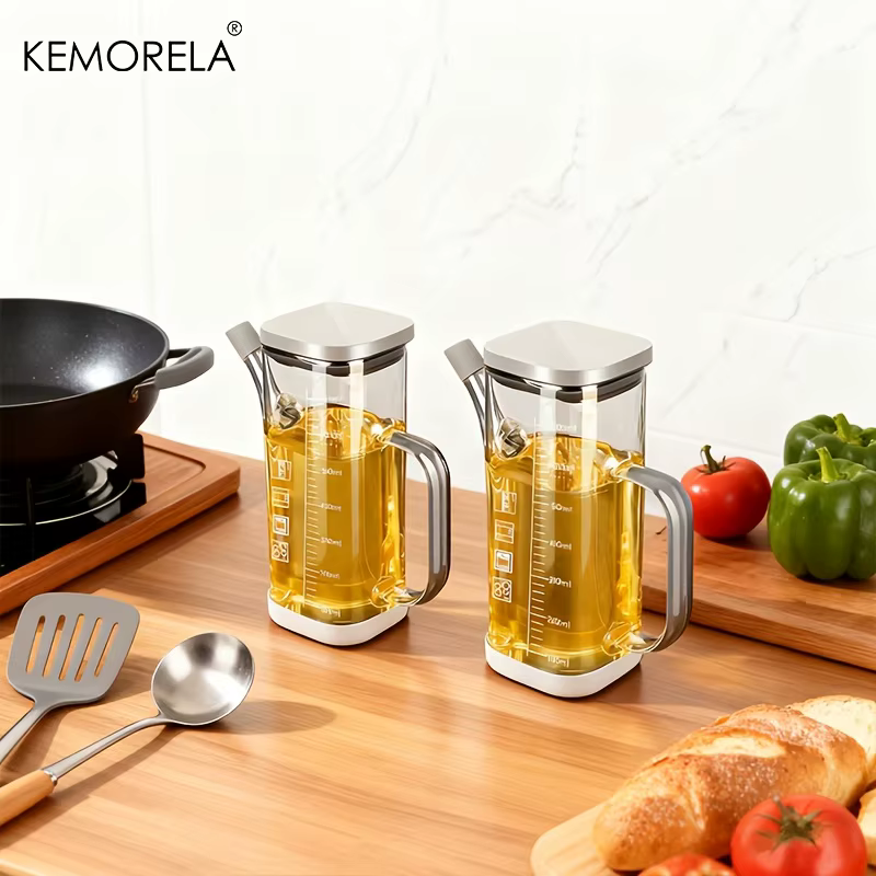 KEMORELA 1/2 pièces 700ml bouteille distributrice d'huile d'olive en verre avec marquages de mesure et verseur anti-goutte/fuite pour la cuisson des grillades