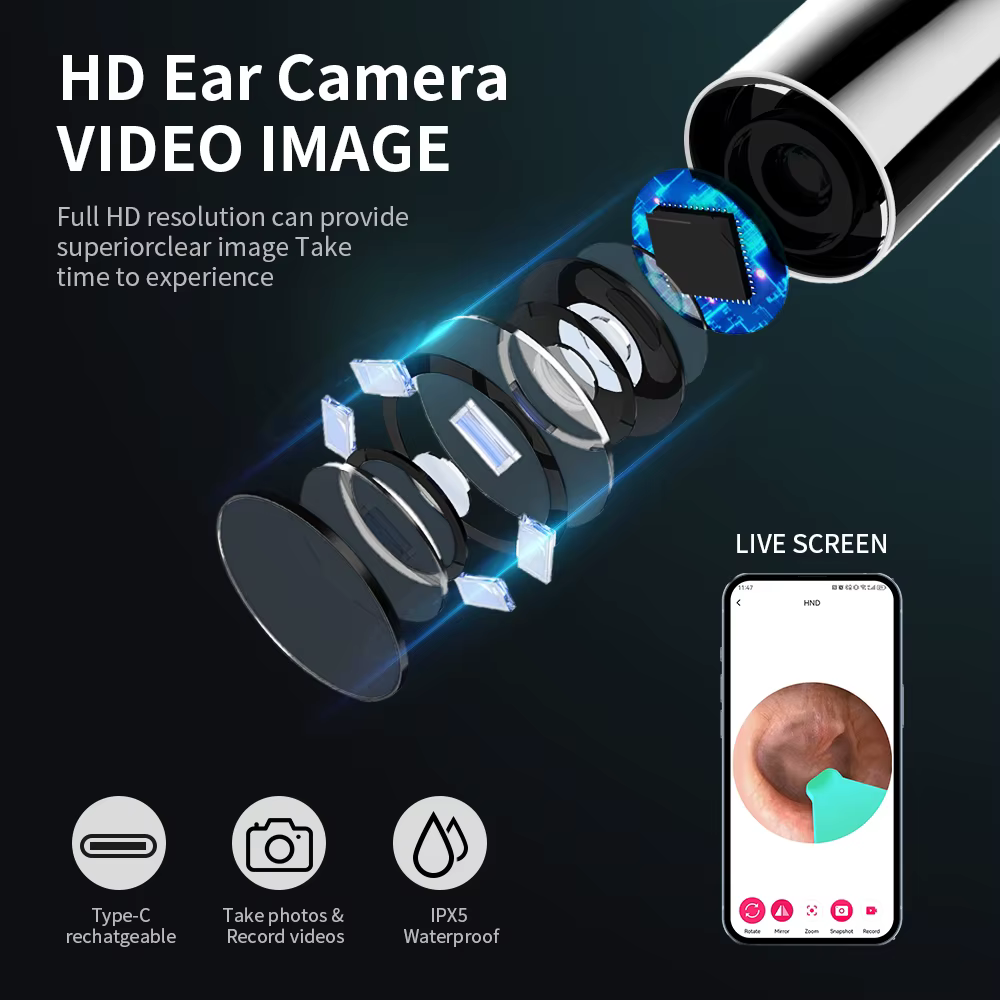 Nettoyeur d'oreille avec caméra, ensemble de bâtons d'oreille HD, Otoscope, chargement USB C, Endoscope, outil d'élimination de la cire, cure-oreille, ensemble de nettoyage d'oreille NK3 Pro