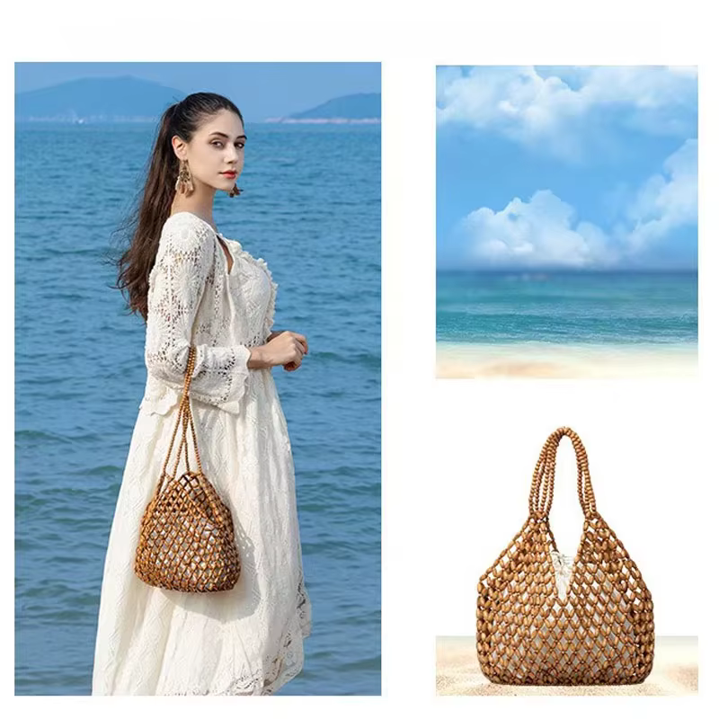Sac à main tissé à la main avec perles pour femmes, sac à bandoulière exquis en perles de bois ajourées, sac de plage féminin