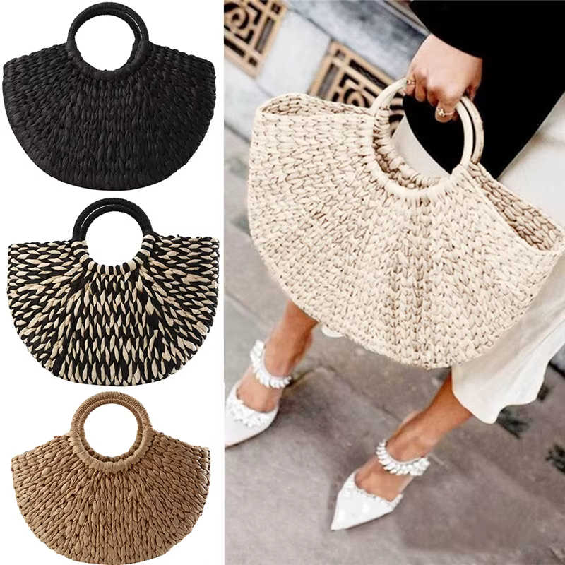 Sac à main coloré pour femme en rotin et paille tressée, sac demi-lune grande capacité, sac de voyage décontracté pour femme, sacs à la mode
