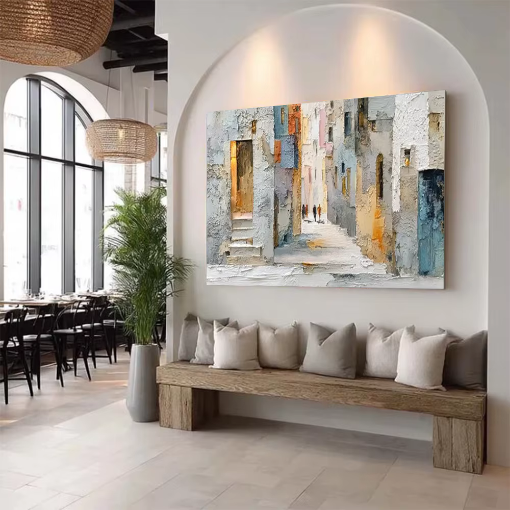Peinture à l'huile abstraite 100% faite à la main sur toile, image de paysage du vieux quartier, art mural, décoration murale pour salon