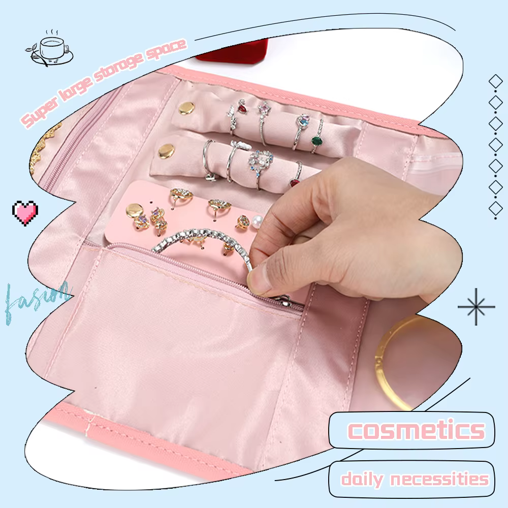 Étui à bijoux portable, sac de rangement de voyage avec hauteur réglable, sac à accessoires haut de gamme et exquis pour colliers, boucles d'oreilles et plus.