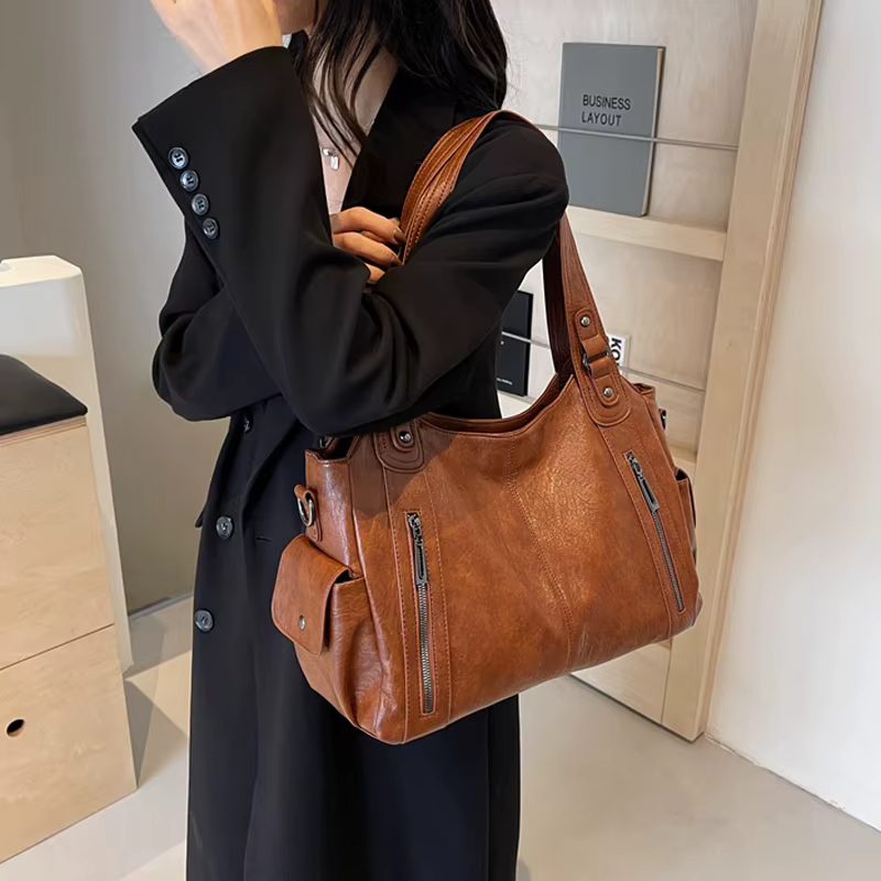 Sac à main de luxe pour femmes, sac à bandoulière rétro européen et américain, Texture de couleur unie, grande capacité, sac de voyage d'affaires et de transport