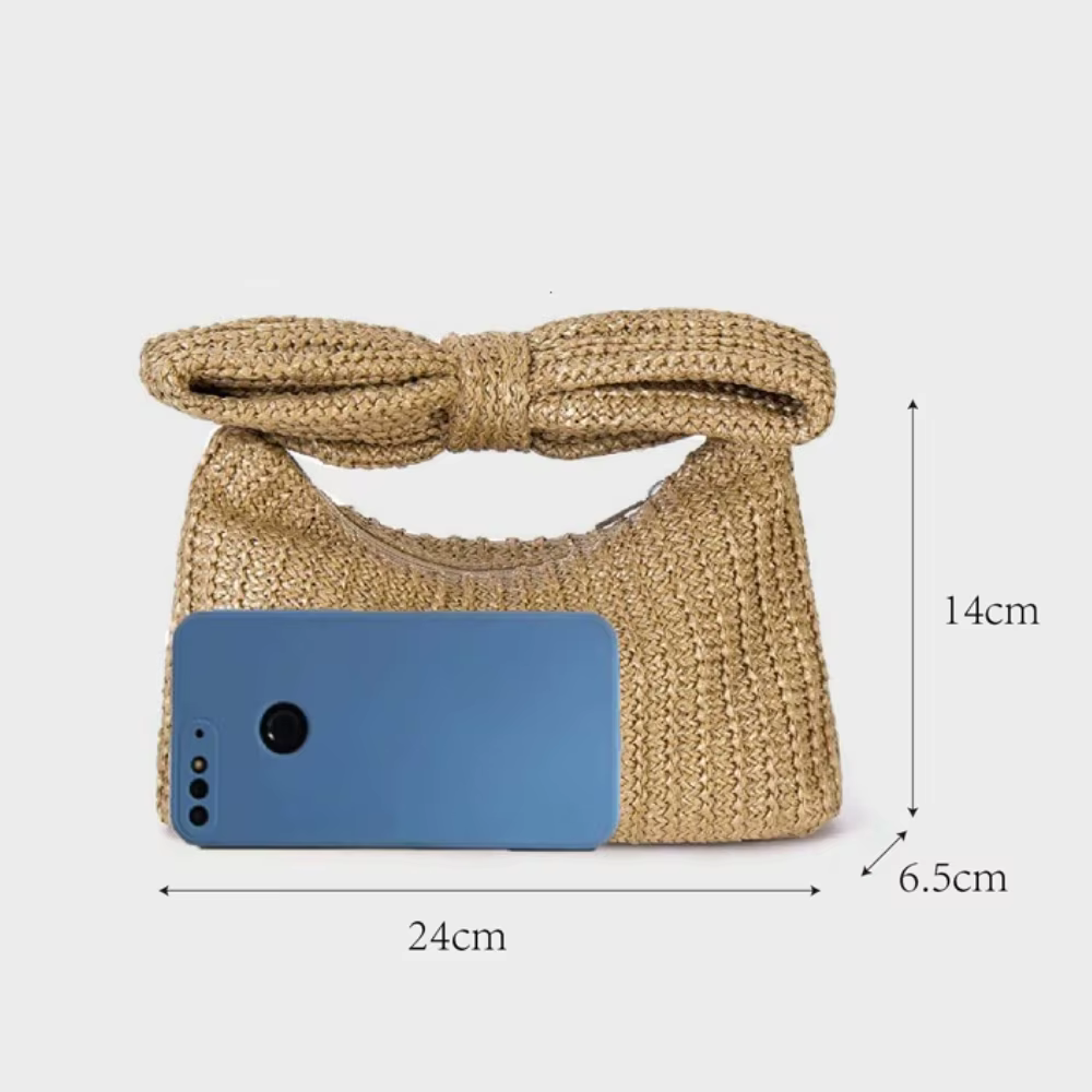 Sac à main chic en paille avec nœud pour femme – Design élégant d'été, pochette tressée, joli sac à main idéal pour le quotidien, les fêtes, les vacances et les voyages