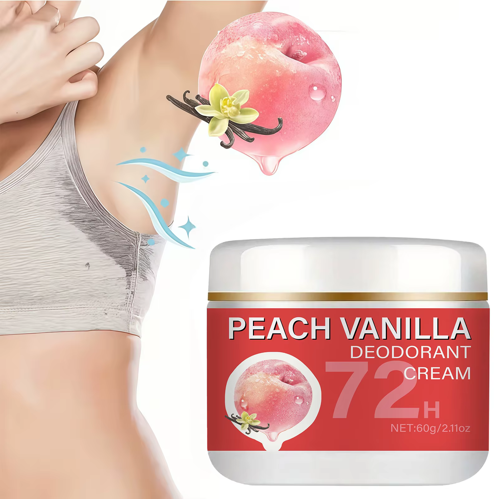 Crème déodorante pour les aisselles Peach - Fraîcheur longue durée 72 heures