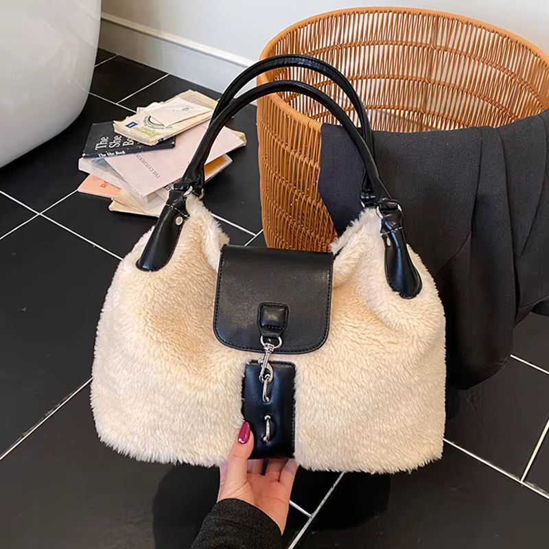 Sac à Main et Sac à Main de marque supérieure pour femmes, Sac à bandoulière en fausse fourrure de styliste, fourre-tout sous les bras en peluche moelleuse, Sac d'hiver