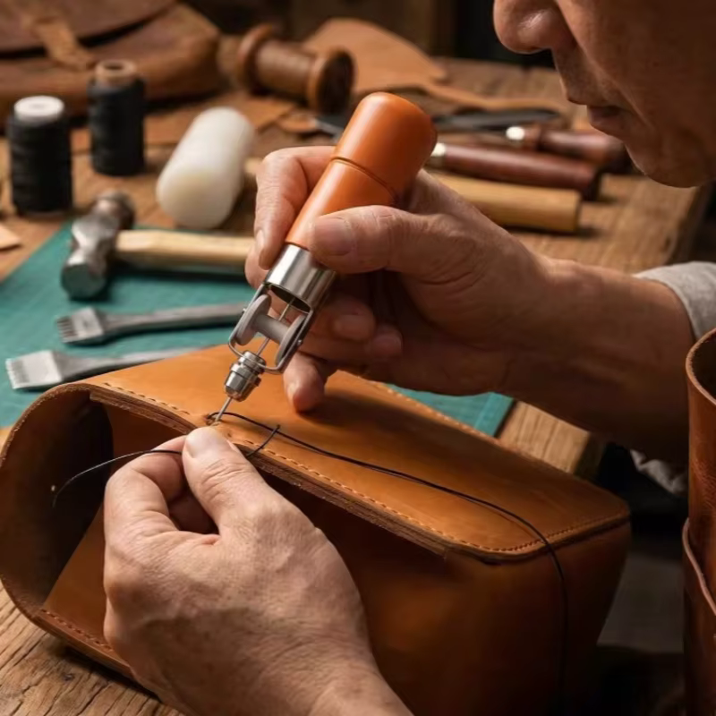 Kit d'outils de maroquinerie avec machine à coudre manuelle à manche en bois pour le bricolage de sacs à clés, baskets et portefeuilles, et outils auxiliaires de couture