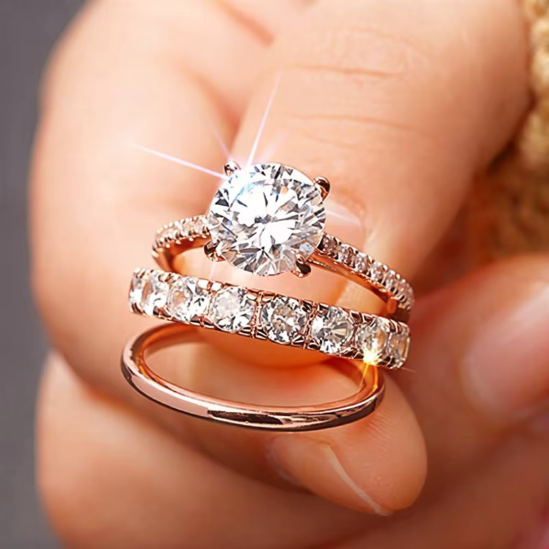 Huitan magnifique 3 pièces ensemble de bagues femme luxe brillant rond zircone doigt bijoux mode couleur or accessoires pour mariage