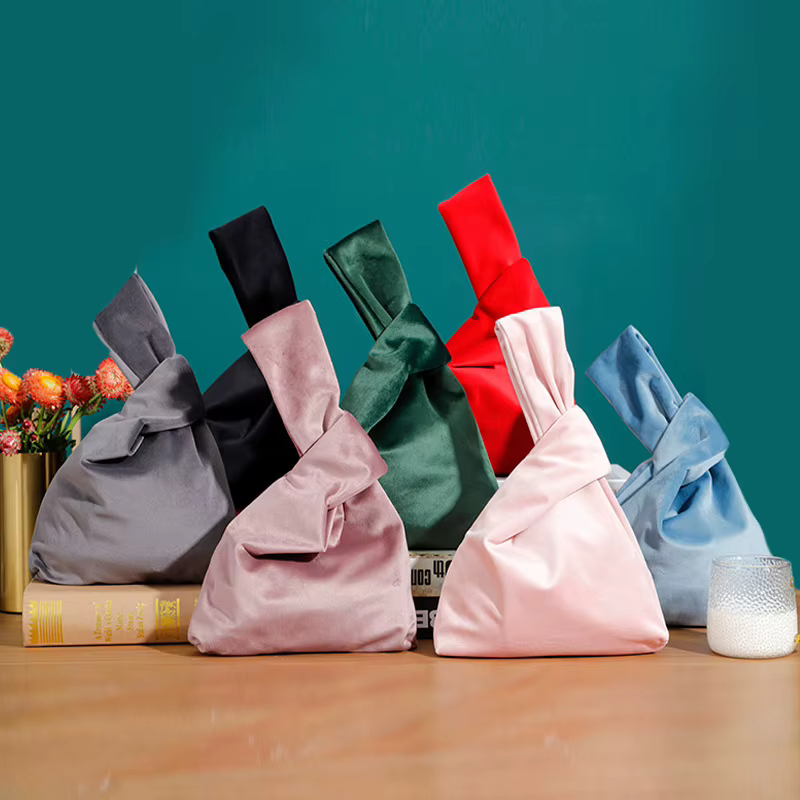 Sac à main Vintage en velours pour femmes, sac pliable réutilisable en tissu velours, sac de poignet Hefeng japonais, sac de rangement pour clés de marche
