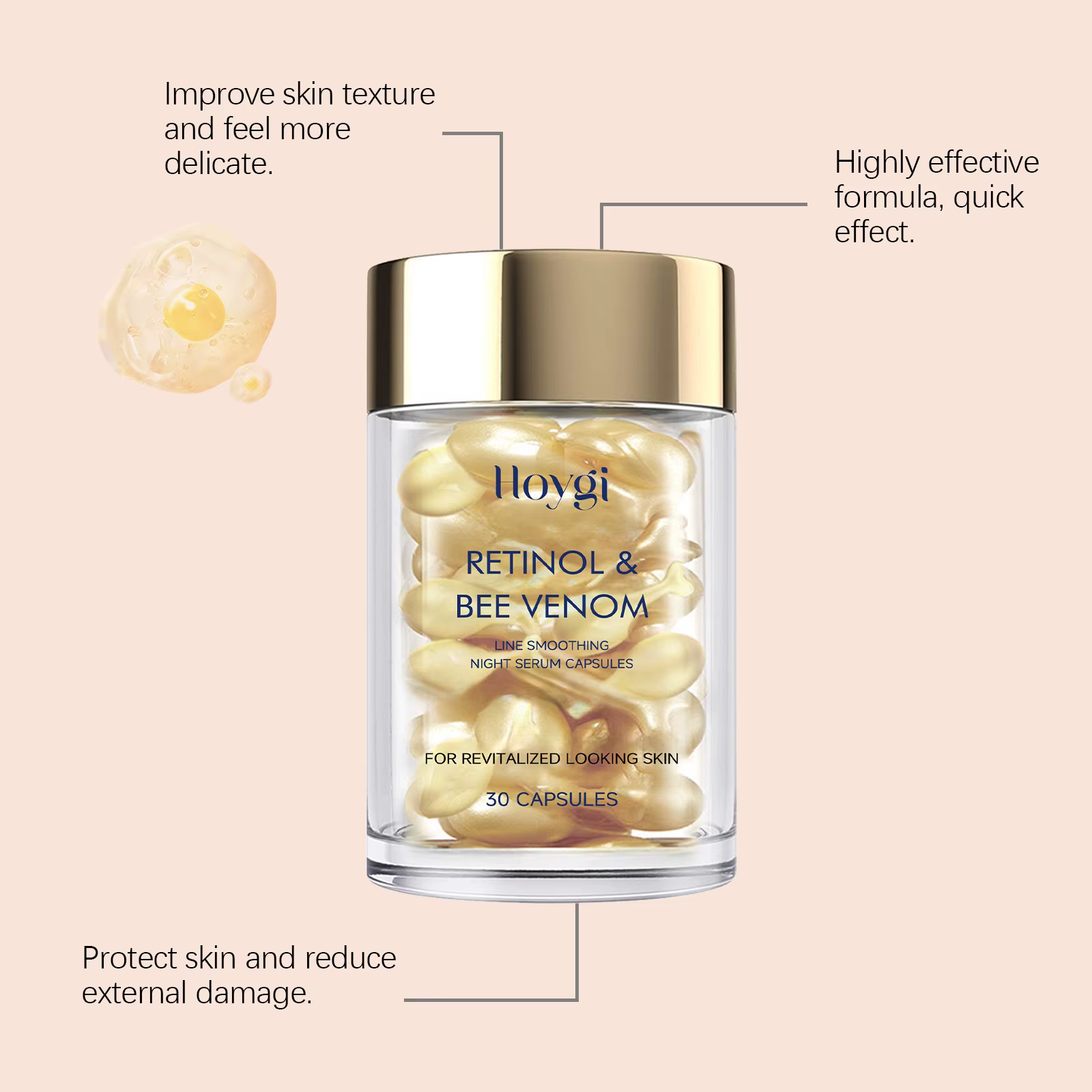 Les capsules faciales au venin d'abeille au rétinol Hoygi hydratent en douceur la peau du visage