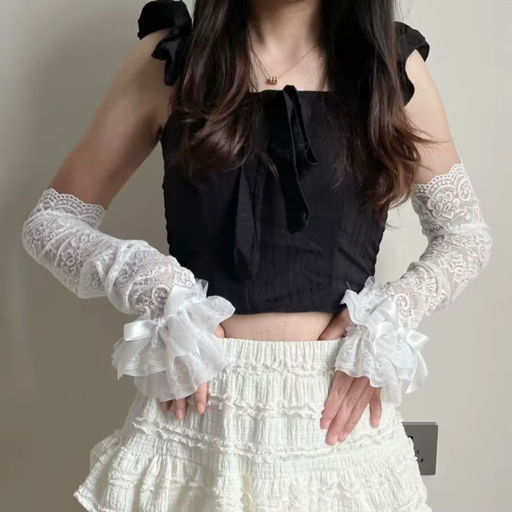 Gants longs pour femmes, style Lolita, pour mariée, élégants, chauffe-poignets, en dentelle, sans doigts, pour cosplay et fête