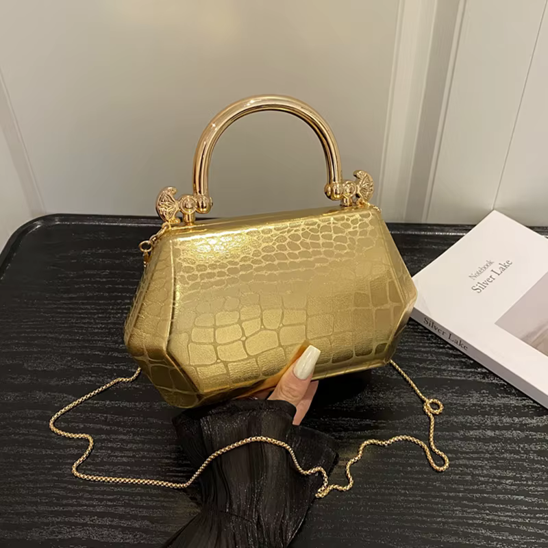 Sacs à main pour femmes 2026 – Pochettes tendance dorées géométriques mini-boîte – Sac de soirée bandoulière