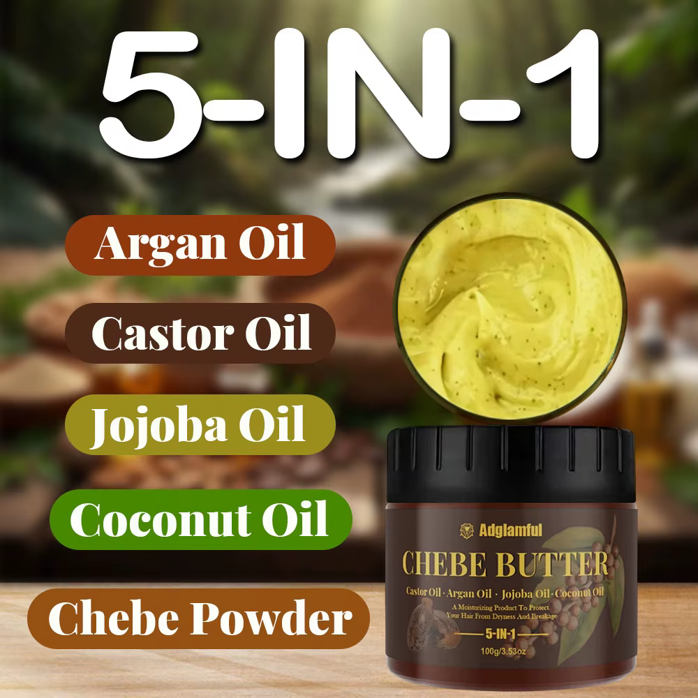 Huile de Ricin 5-en-1 et Beurre de Chebe – Soin Professionnel pour Cheveux Forts et Anti-Casse – Hydratation Profonde