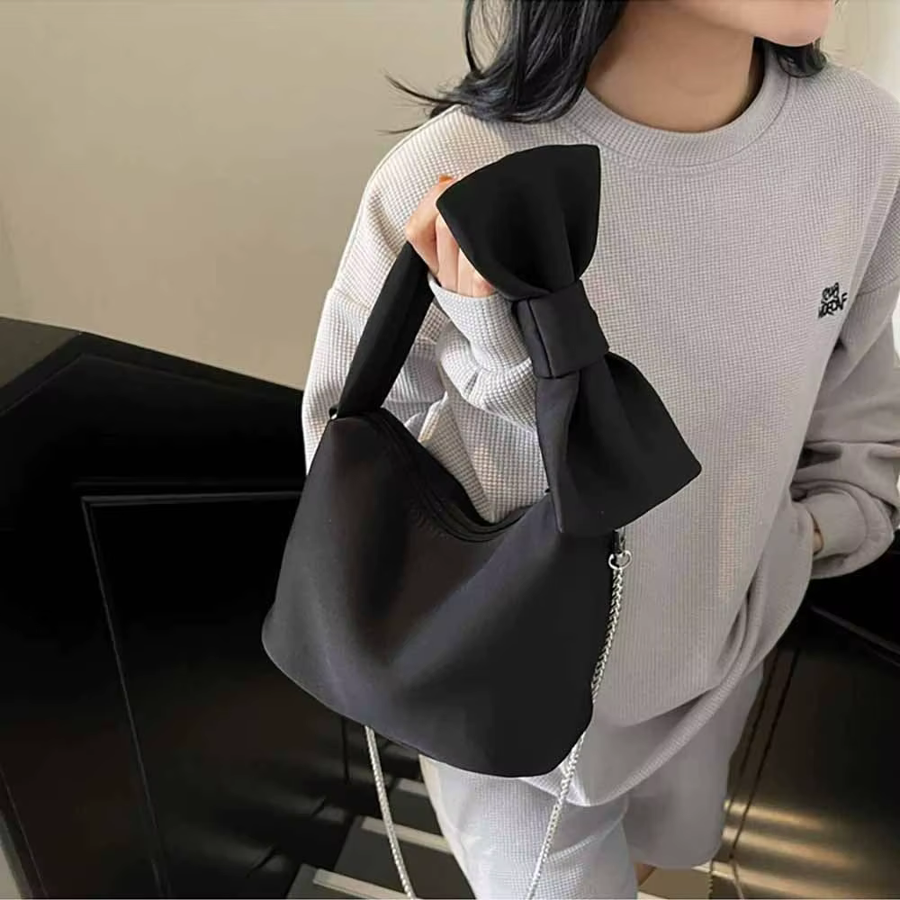 Sac à main tendance et créatif pour femme avec nœud, grande capacité, couleur unie rose, sac à poignet noir et rouge, sac à bandoulière élégant pour l'extérieur