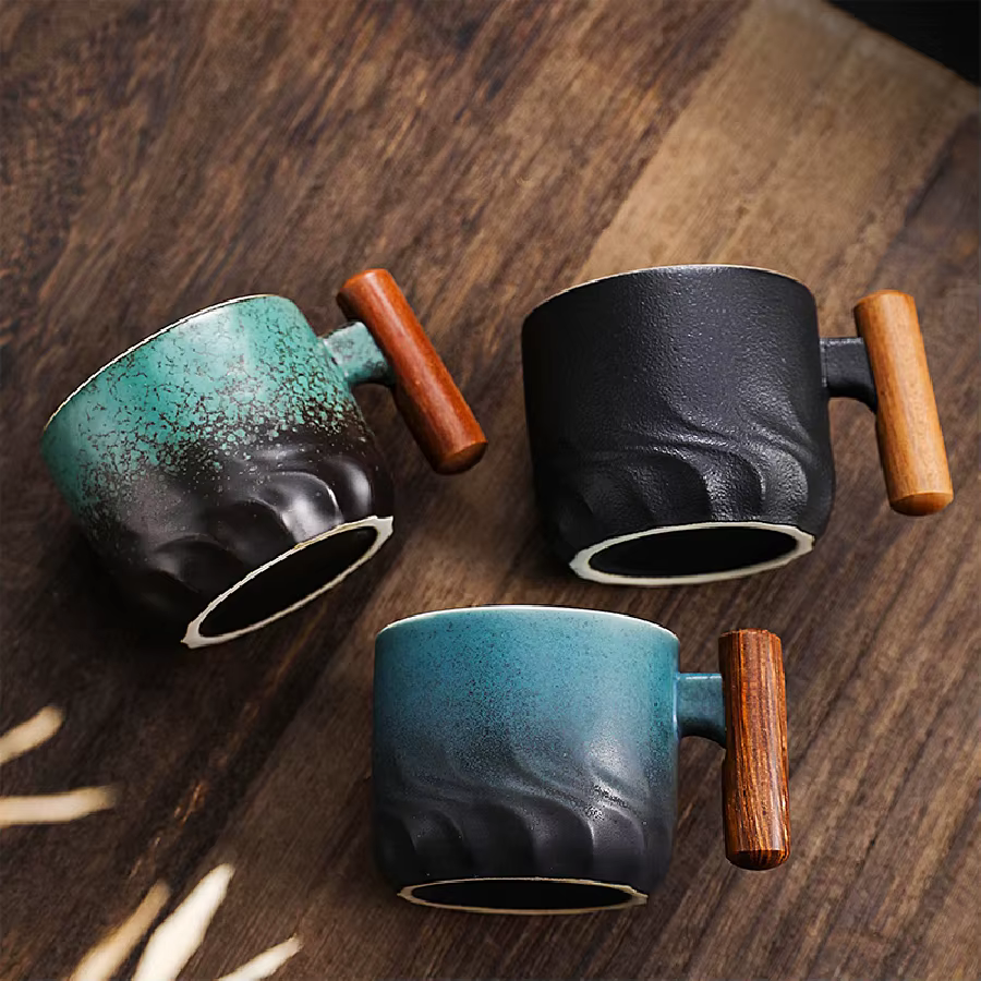 Tasse à café créative faite à la main, exquise, Vintage, avec manche en bois, tasses, verres, cuisine, Bar à manger, maison