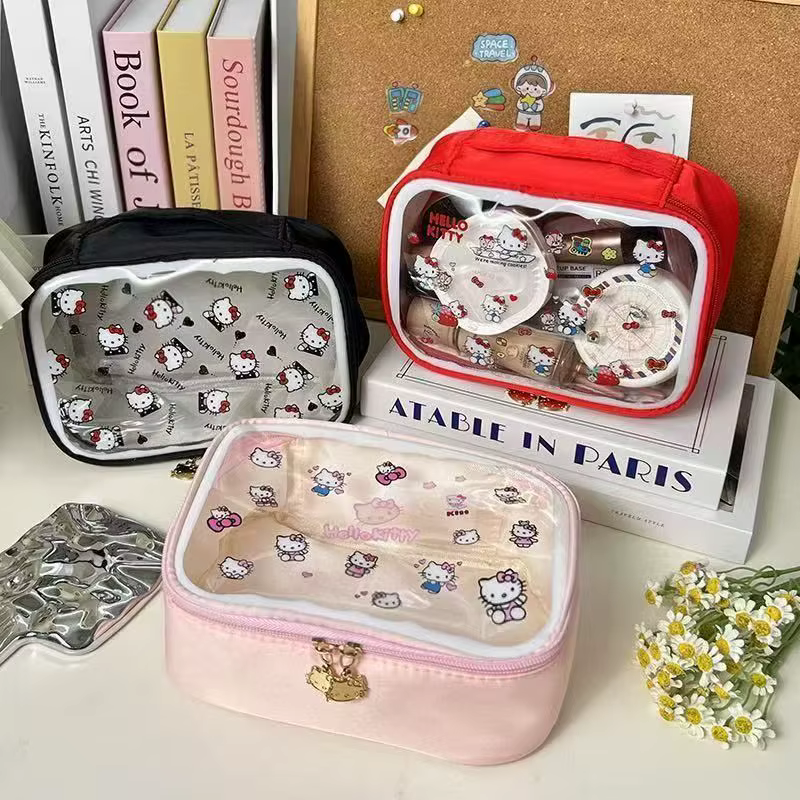 Sac à main pour femme Hello Kitty, accessoire de dessin animé, sac de rangement pour cosmétiques, matériau PVC imperméable, grande capacité
