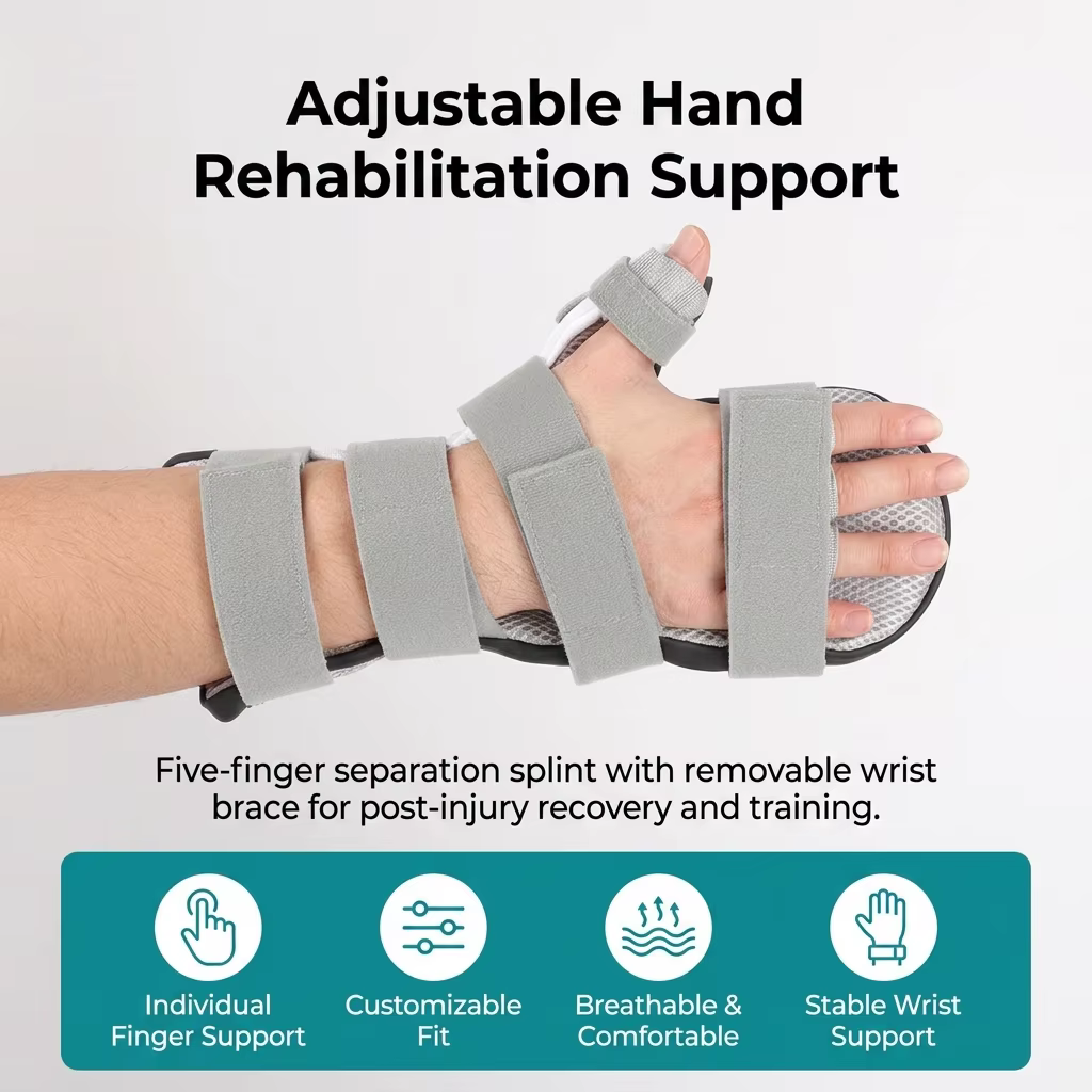 Attelle orthopédique à cinq doigts amovible avec sangle de soutien du poignet pour la rééducation et l'usage quotidien