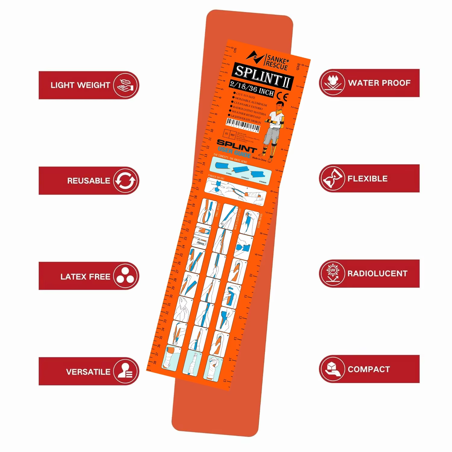 Attelle de premiers secours 18-36" x 4.3" Vert-Gris Orange-Bleu – Maintient les os en position