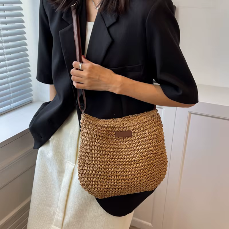 Sacs à main et sacs à main tricotés en paille pour femmes, sac à bandoulière tissé en paille, sac latéral pour dames, sac de plage, sacs à bandoulière pour femmes