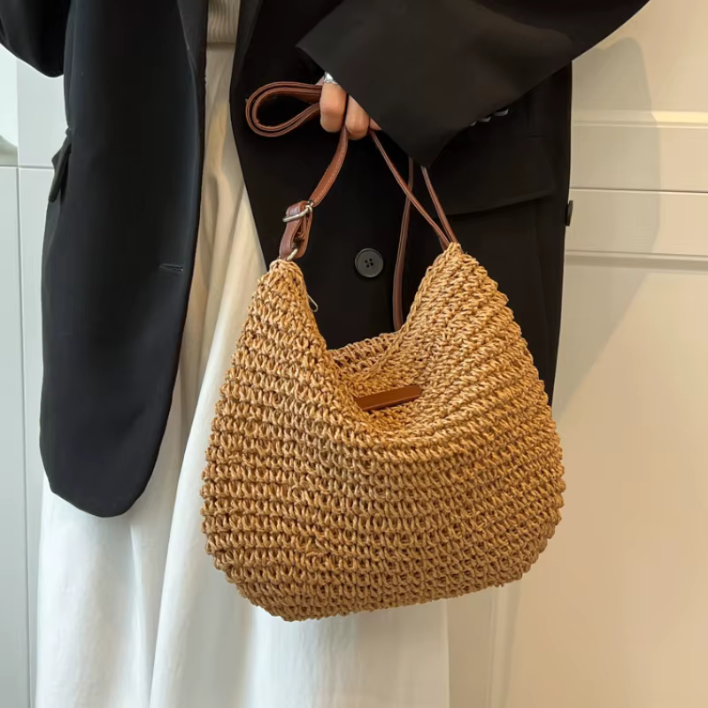 Sacs à main et sacs à main tricotés en paille pour femmes, sac à bandoulière tissé en paille, sac latéral pour dames, sac de plage, sacs à bandoulière pour femmes
