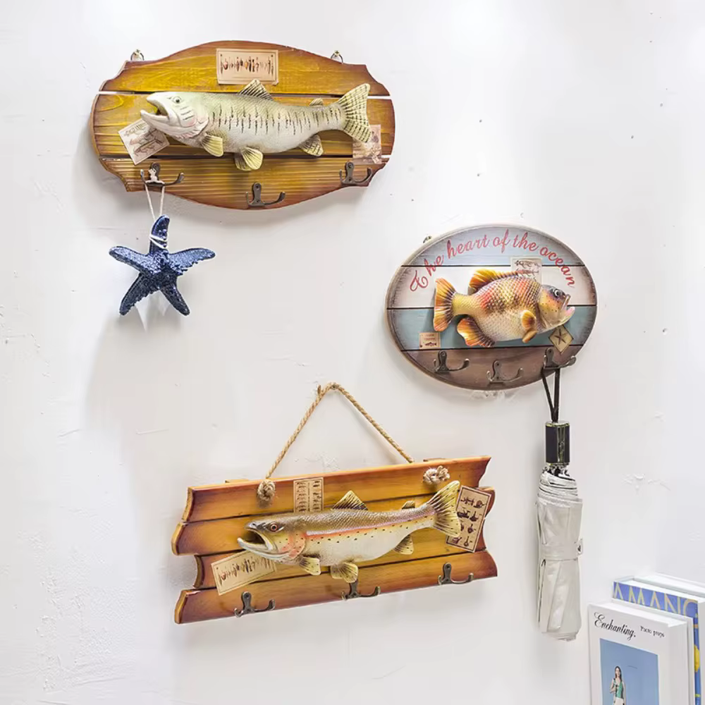 Pendentif de poisson de Simulation Unique, fait à la main, en bois réaliste, ornements muraux suspendus, décor de poisson, crochet, décoration murale