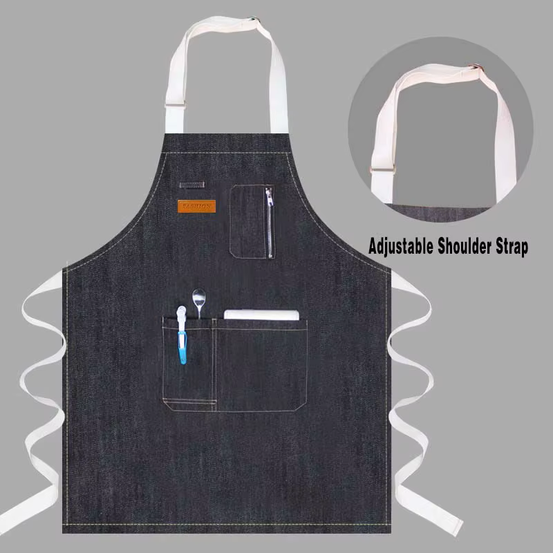 Tablier de chef en denim avec poche zippée, logo personnalisé, cuisine, restaurant, peinture, è, magasin de thé au lait, cou suspendu, travail