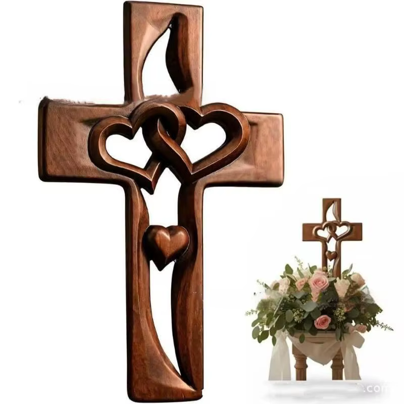 Décoration murale en bois rustique avec croix de cœurs entrelacés sculptée à la main, sculpture murale religieuse en bois à double cœurs entrelacés