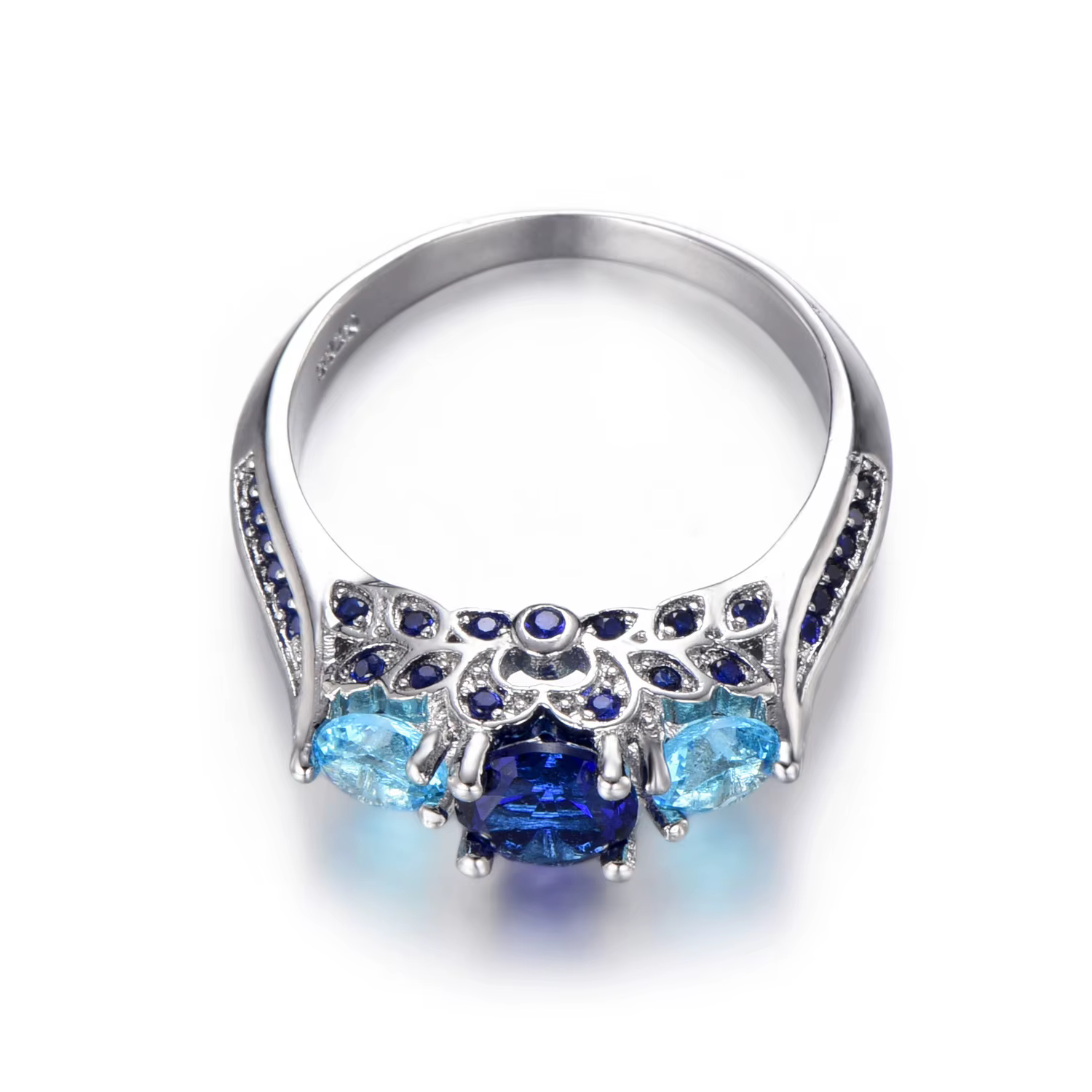 Bijoux pour femmes, bague en argent 925 sertie de cristaux bleus et de diamants, design créatif et luxueux, très vendue