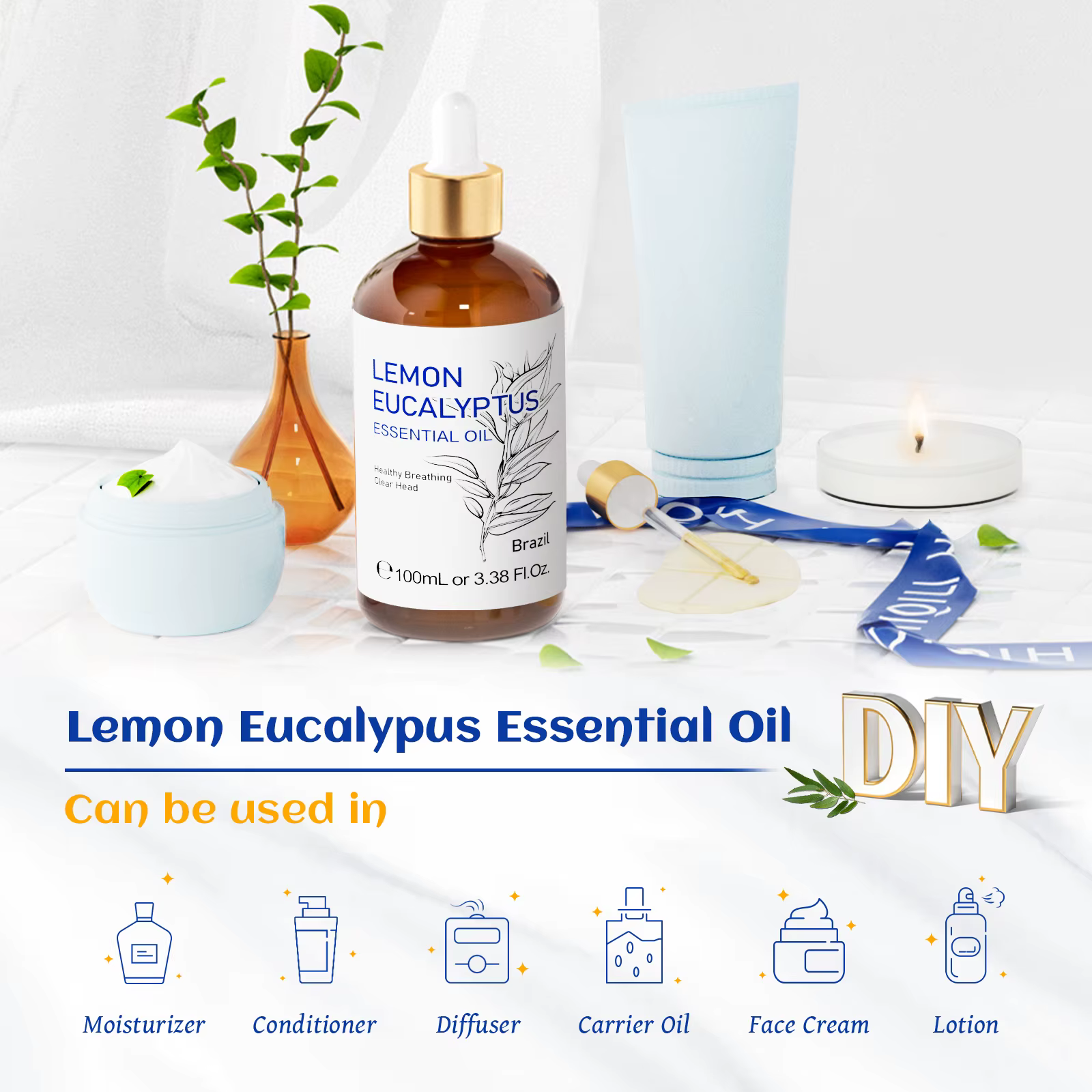 HIQILI 100ML huile essentielle d'eucalyptus citron aromathérapie naturelle Pure avec arbre à thé de menthe poivrée pour désodorisant et nettoyage