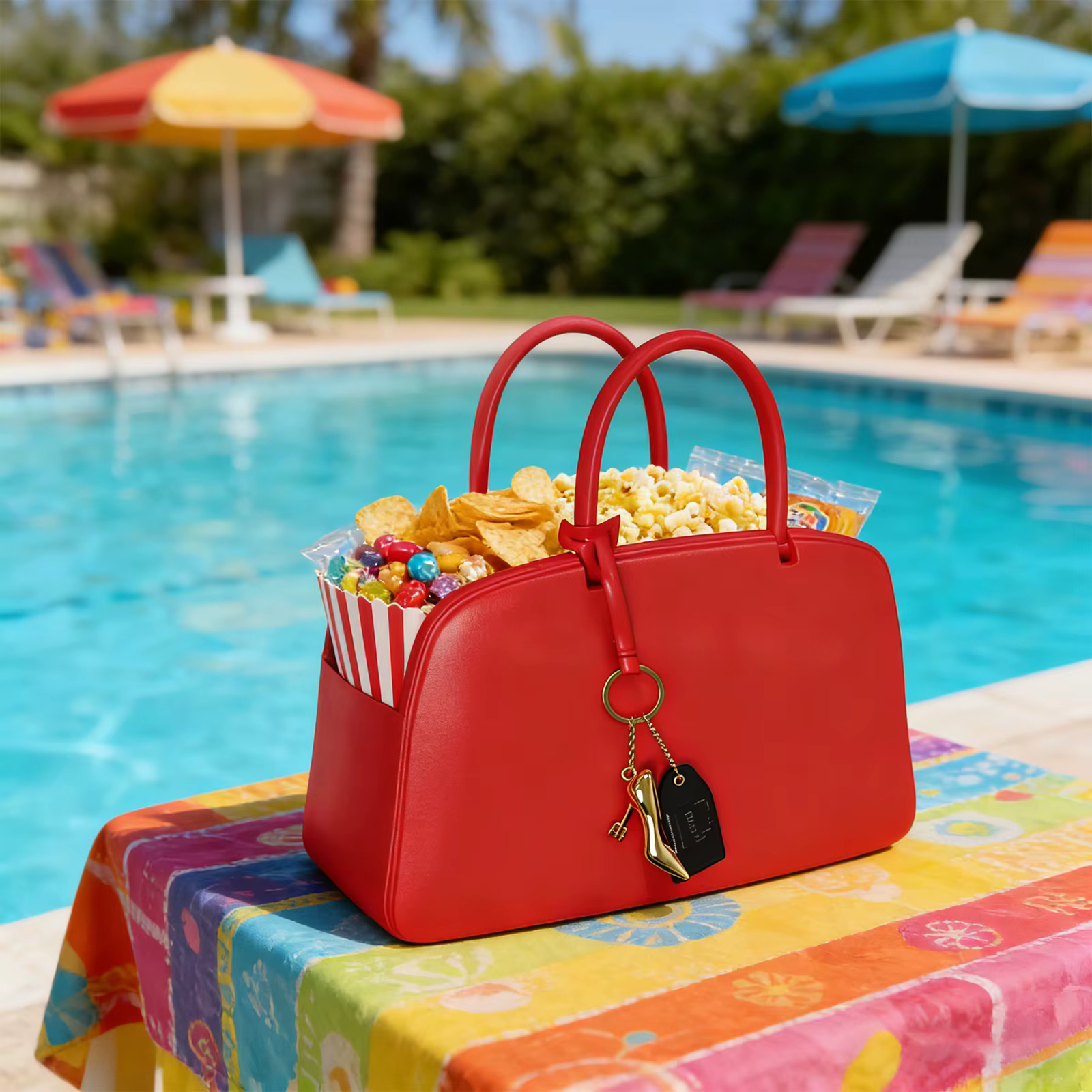 Sac à main rouge en cuir PU pour femme, modèle seau à popcorn avec pendentif, sac fourre-tout pour soirées cinéma et fêtes, idéal pour transporter des bonbons