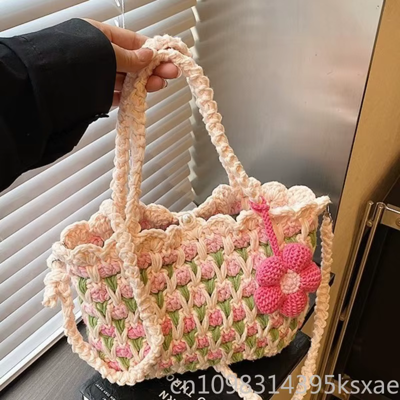 Sac bandoulière au crochet pour femme et fille, fait main, color block, léger, décontracté, pour l'été et le quotidien