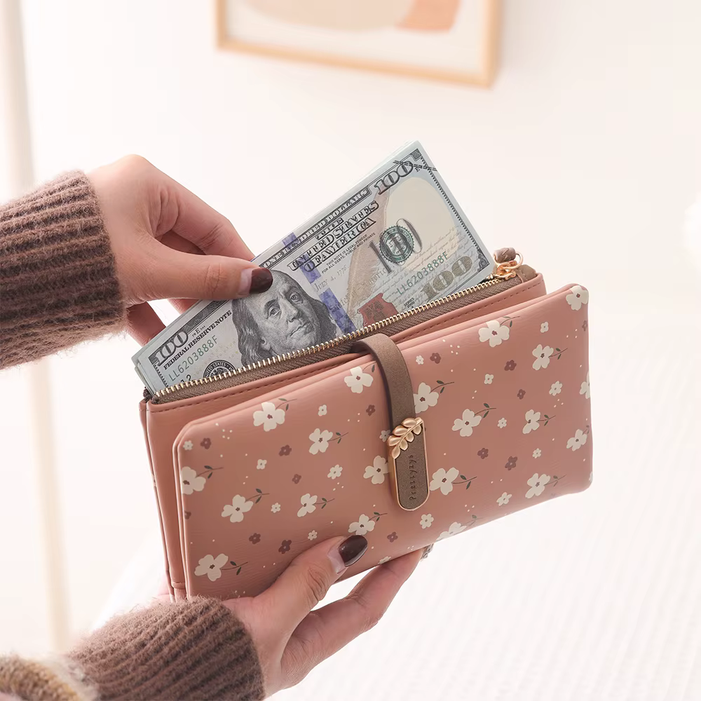 Sac à main long pour femme, nouvelle collection printemps/été 2024, style coréen, en PU imprimé, avec fermeture éclair et boucle, pliable, multifonction, peut servir de portefeuille long ou de pochett