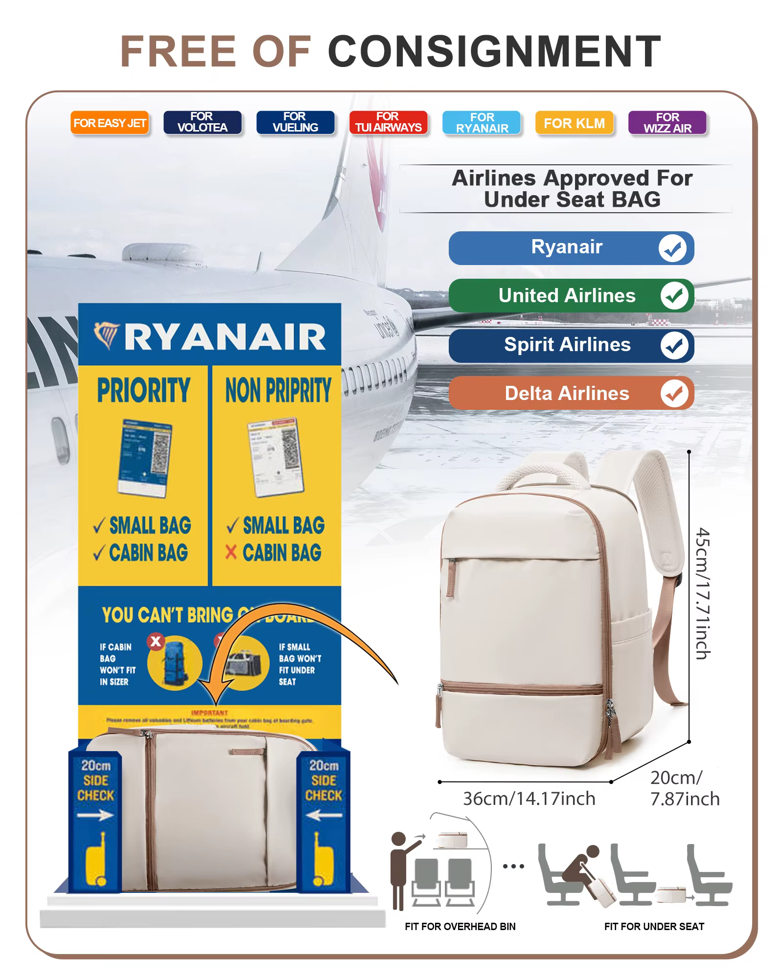 Sac à dos de voyage pour avion 45x36x20 pour bagages à main Easyjet, sac à dos de voyage, sac de cabine, sac à dos pour ordinateur portable pour femme, sac d'école