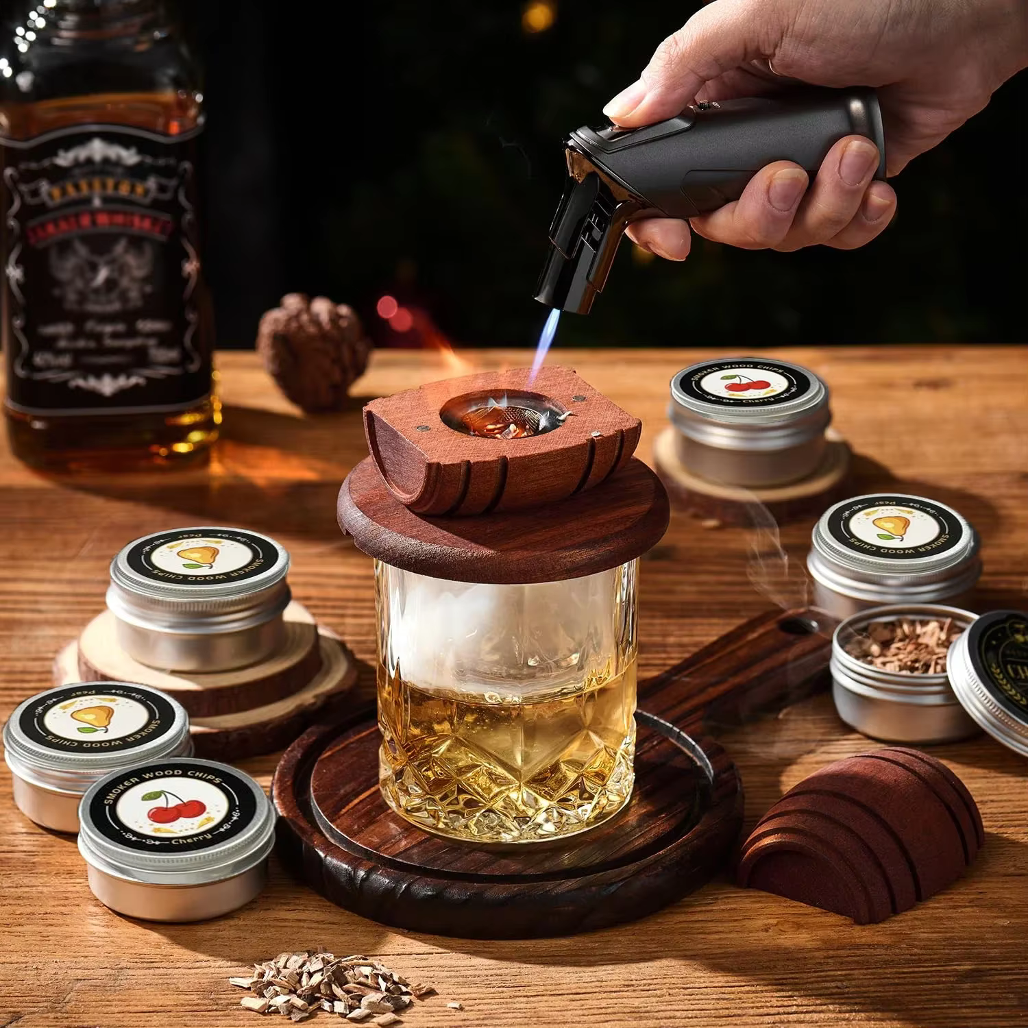 Kit de fumeur de whisky avec copeaux de bois-6 saveurs, infuseur de fumeur de boissons à l'ancienne pour cocktails, Bourbon d'anniversaire pour cadeaux